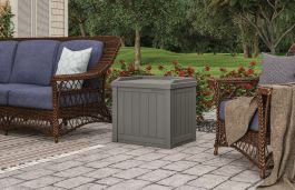Suncast 22 gallon small resin patio storage deck box and seat on sale