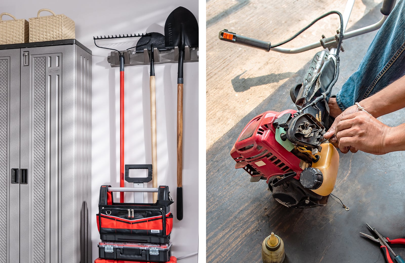 Collage: garage storage; person repairing a gasoline-powered trimmer
