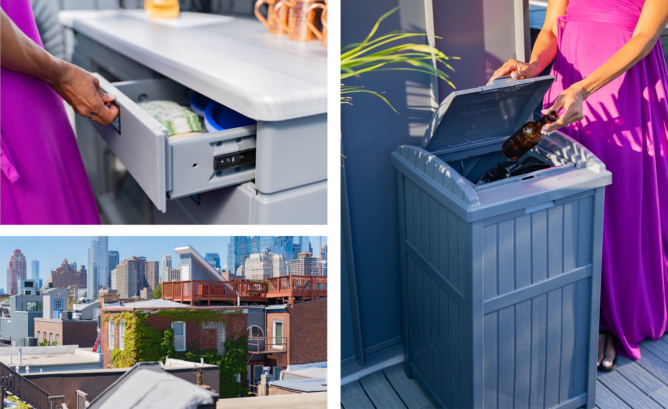 Collage of shed features: an integrated power cord passthrough; dedicated area for a mini fridge; a mounted TV showing a soccer match, and a woman pouring a frozen margarita