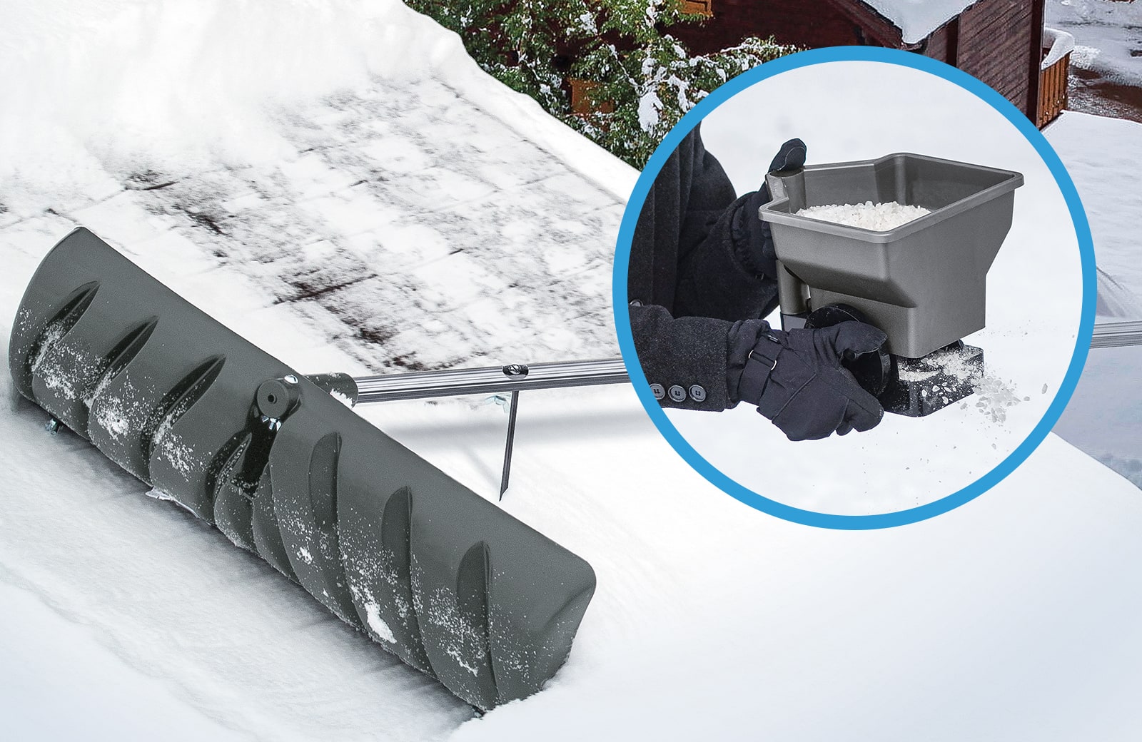 A suncast telescoping roof rake removes snow from a roof. A circular inset image of an ice melt spreader is in the right corner.